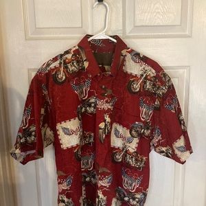 Mens Large Red motorcycle America short sleev button up